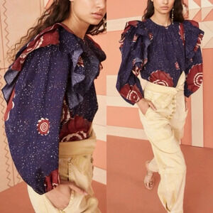 Ulla Johnson Caasi Blouse Navy Sand Dollar Print Ruffle Shoulder Sz 0